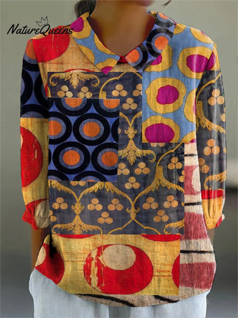 Women's Circular Geometry Pattern Print Casual Cotton And Linen 3/4 Sleeve Shirt