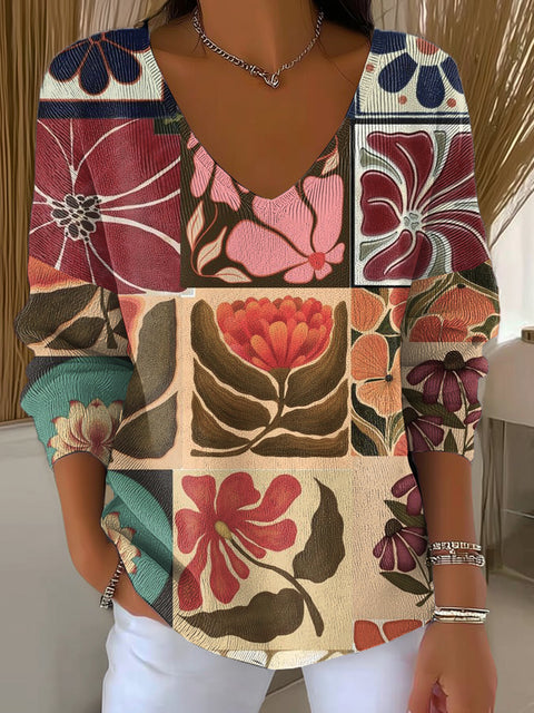 Women's Geometric Flowers And Plants Pattern Pullover Sweater