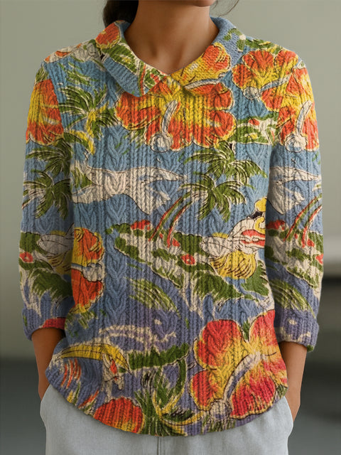 Women's Bird And Flowers Pattern Casual Peter Pan Collar 3/4 Sleeve Sweater