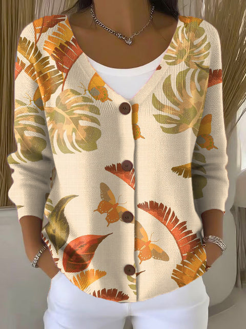 Leaf Print Buttoned V-neck Cardigan Sweater