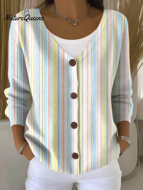 Vertical Stripes Print Buttoned V-neck Cardigan Sweater