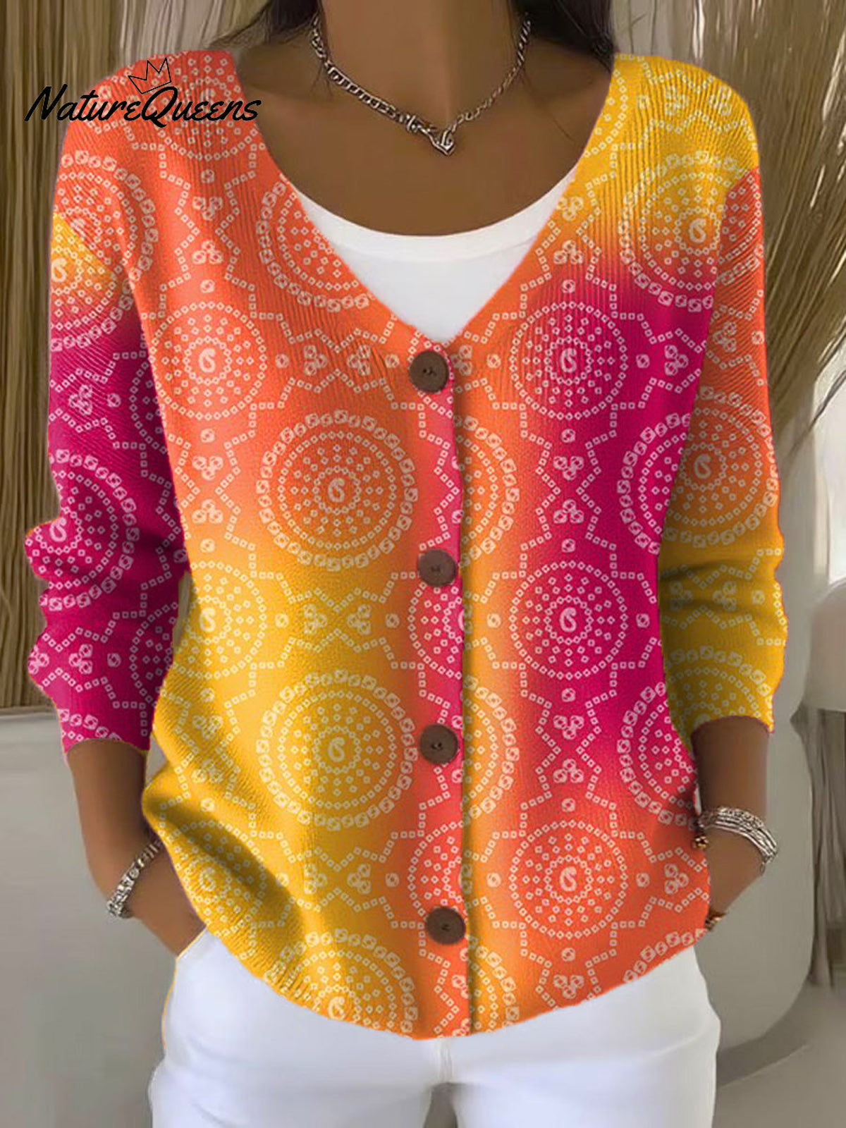 Circular Gradient Print Buttoned V-neck Cardigan Sweater