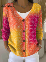 Circular Gradient Print Buttoned V-neck Cardigan Sweater