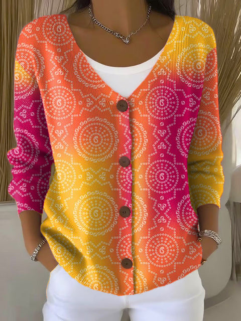 Circular Gradient Print Buttoned V-neck Cardigan Sweater