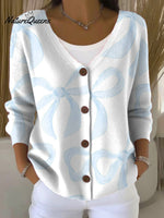 Bow Tie Print Buttoned V-neck Cardigan Sweater