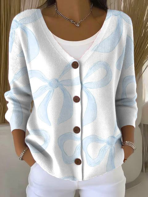 Bow Tie Print Buttoned V-neck Cardigan Sweater