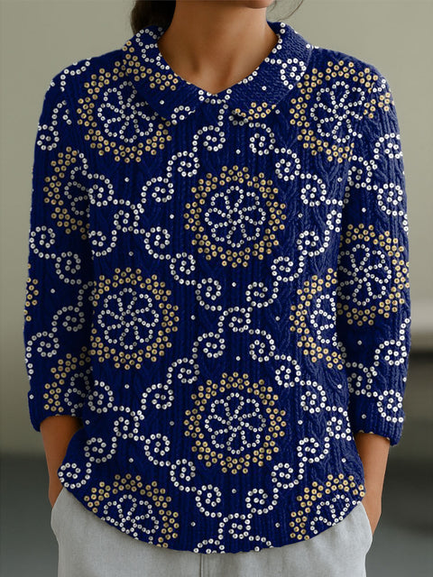 Women's Casual Peter Pan Collar Blue Totem Pattern 3/4 Sleeve Sweater