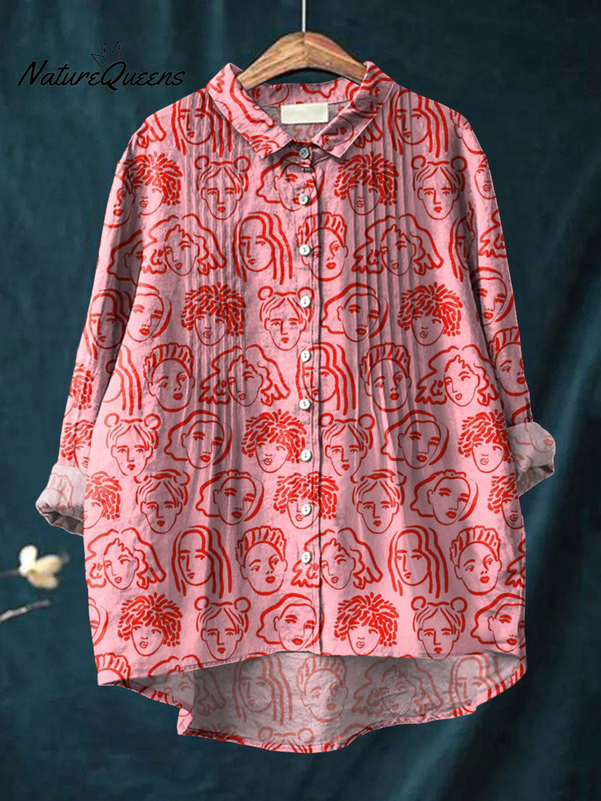 Women's Red Face Print Casual Cotton And Linen Ruffle Shirt