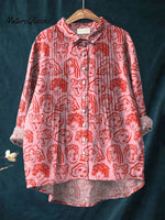 Women's Red Face Print Casual Cotton And Linen Ruffle Shirt