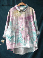 Women's Tie Dye Print Casual Cotton And Linen Ruffle Shirt
