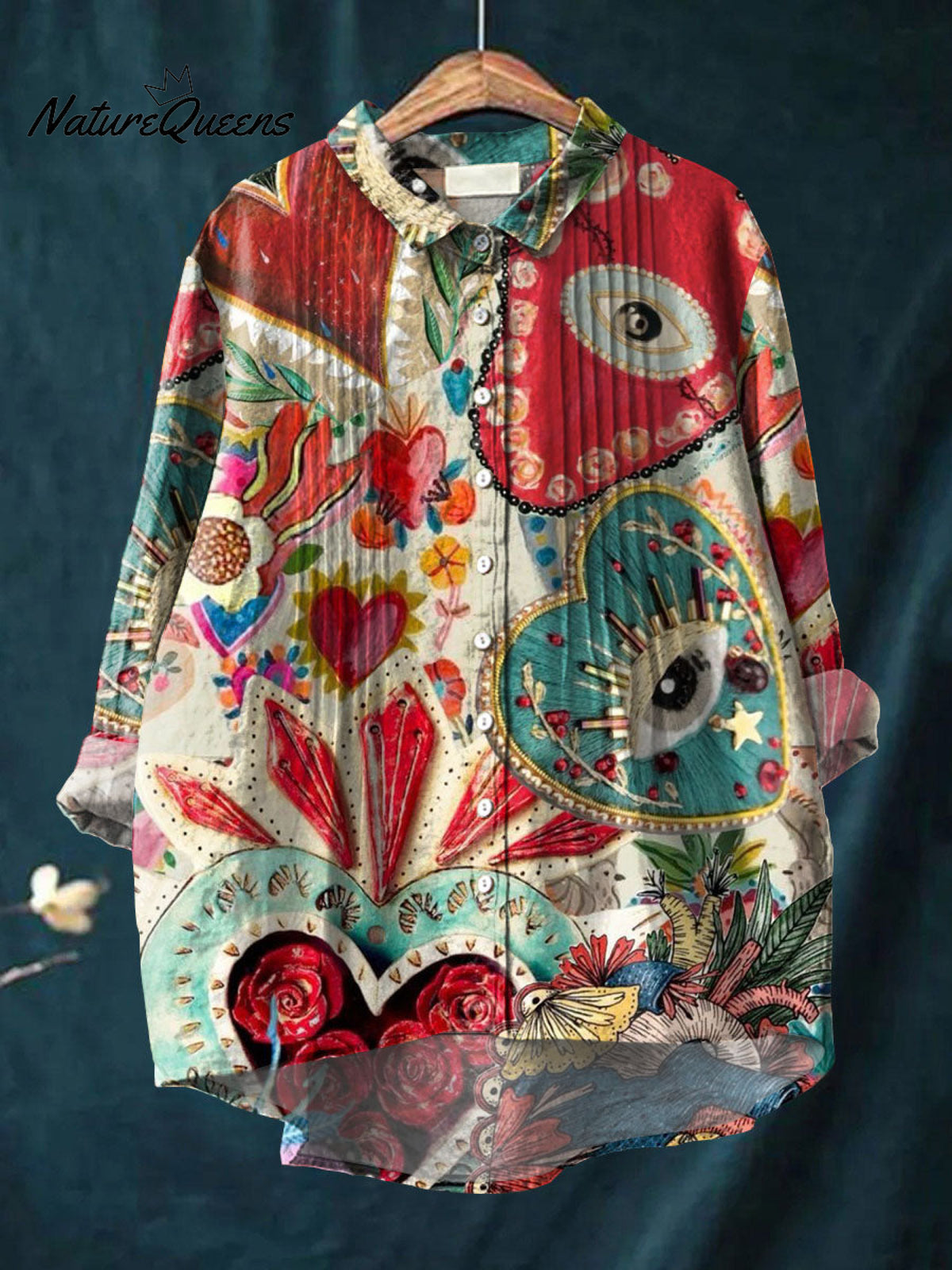 Women's Heart Print Casual Cotton And Linen Ruffle Shirt