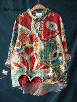 Women's Heart Print Casual Cotton And Linen Ruffle Shirt