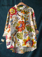 Women's Colorful Flowers Print Casual Cotton And Linen Ruffle Shirt