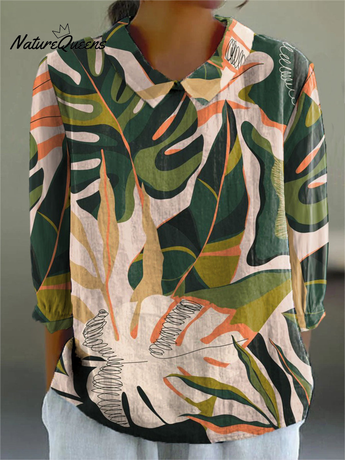 Women's Leaf Print Casual Cotton And Linen 3/4 Sleeve Shirt