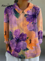 Women's Colorful Flowers Print Casual Cotton And Linen 3/4 Sleeve Shirt