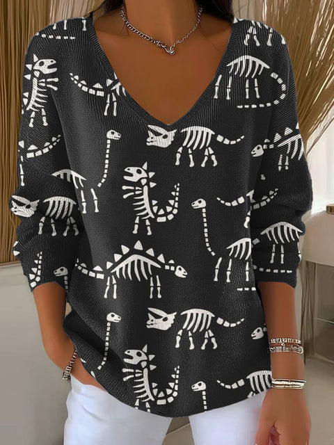 Women's Dinosaur Fossil Print Casual Pullover Sweater