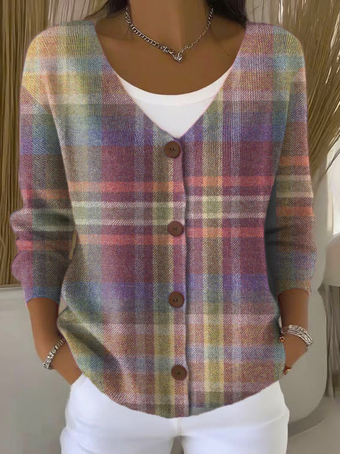 Color Plaid Print Buttoned V-neck Cardigan Sweater