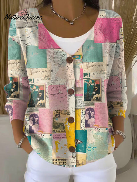 Pictorial Print Buttoned V-neck Cardigan Sweater