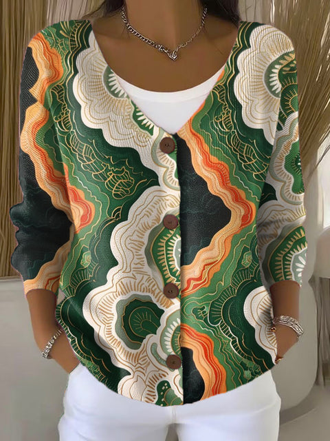 Irregular Waves Print Buttoned V-neck Cardigan Sweater