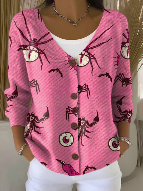 Pink Halloween Style Print Buttoned V-neck Cardigan Sweater