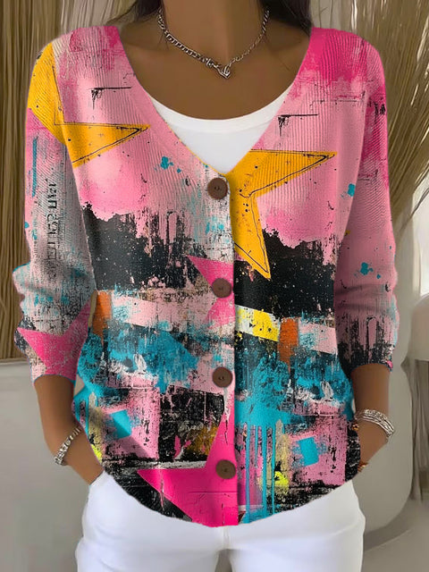 Color Graffiti Style Print Buttoned V-neck Cardigan Sweater