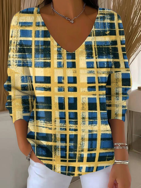 Women's Two-Tone Plaid Pattern Casual Pullover Sweater