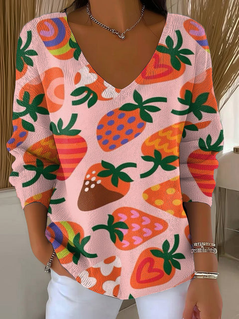 Women's Irregular Strawberries Pattern Casual Pullover Sweater