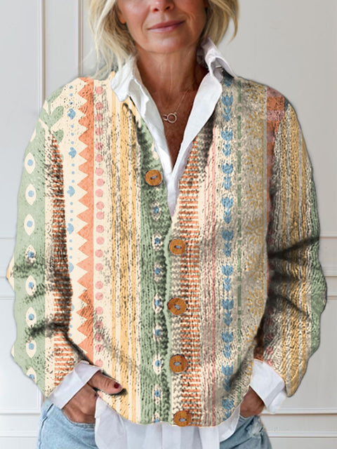 Pattern Vertical Stripes Print Buttoned Cardigan Sweater