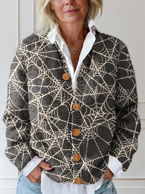 Spider Web Print Buttoned Cardigan Sweater