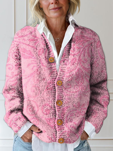 Pink Pattern Print Buttoned Cardigan Sweater