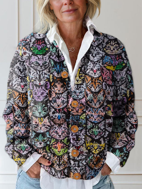 Irregular Kitten Print Buttoned Cardigan Sweater