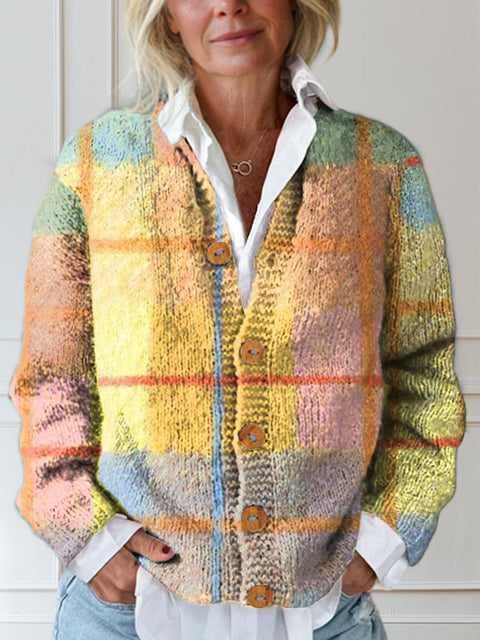 Wide Grid Print Buttoned Cardigan Sweater