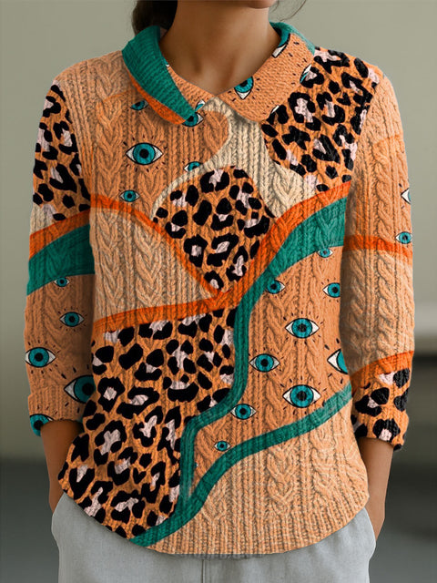 Women's Eyes Leopard Print Casual Peter Pan Collar 3/4 Sleeve Sweater