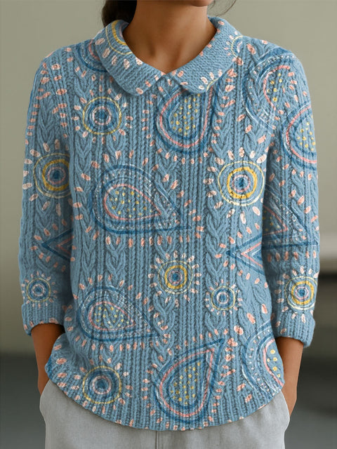 Women's Blue Sun Print Casual Peter Pan Collar 3/4 Sleeve Sweater