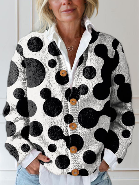 Black And White Polka Dots Print Buttoned Cardigan Sweater