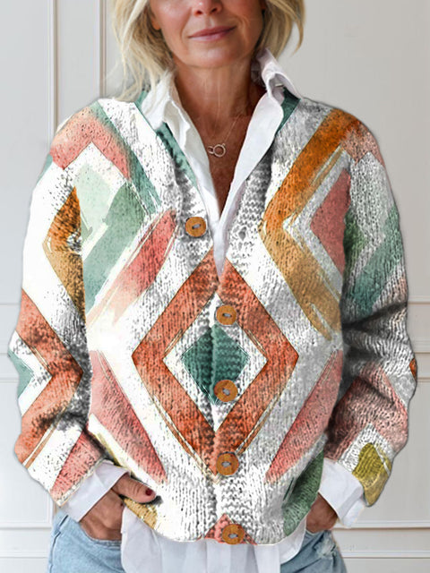Colorful Rhombus Print Buttoned Cardigan Sweater