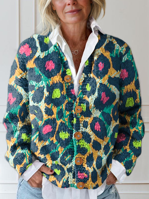 Color Leopard Print Buttoned Cardigan Sweater