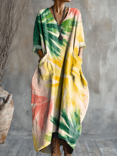 Women's Colorful Leaves Art Pattern Print Pocket V-neck Cotton Dress