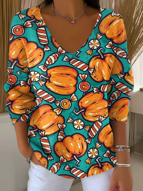 Women's Halloween Pumpkin Candy Casual Pullover Sweater