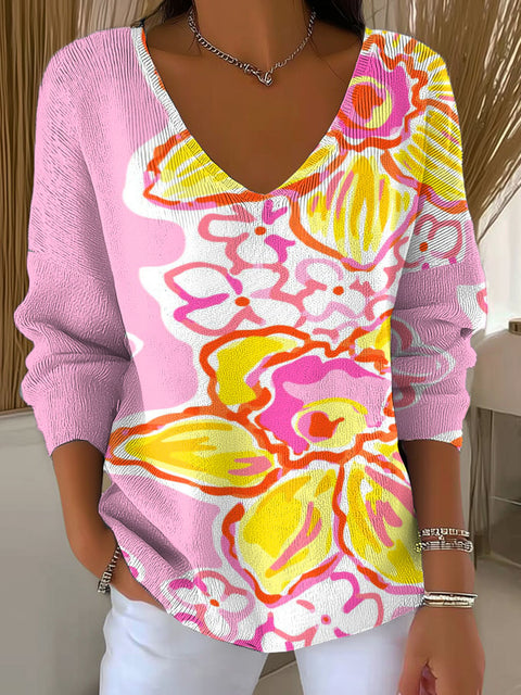 Women's Flower Pattern Casual Pullover Sweater
