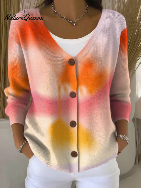 Multi-Color Blending Print Buttoned V-neck Cardigan Sweater