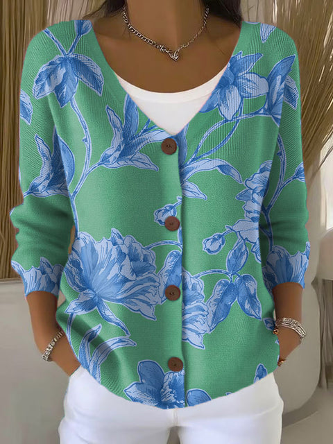 Green Blue Flowers Print Buttoned V-neck Cardigan Sweater