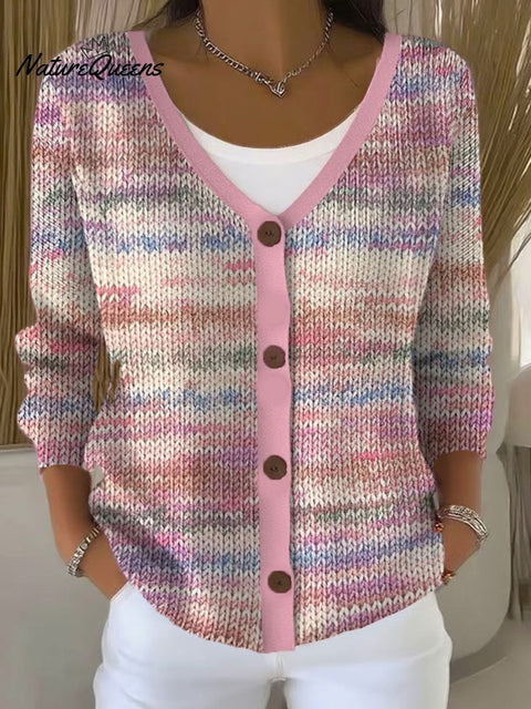 Multicolor Stripes Print Buttoned V-neck Cardigan Sweater