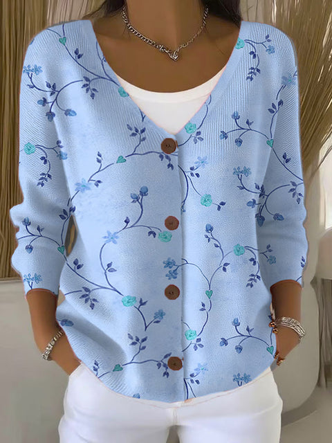 Colorful Flower Vine Print Buttoned V-neck Cardigan Sweater