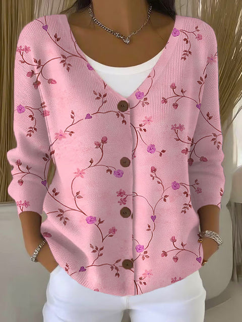 Colorful Flower Vine Print Buttoned V-neck Cardigan Sweater