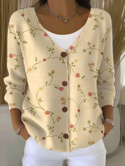 Colorful Flower Vine Print Buttoned V-neck Cardigan Sweater