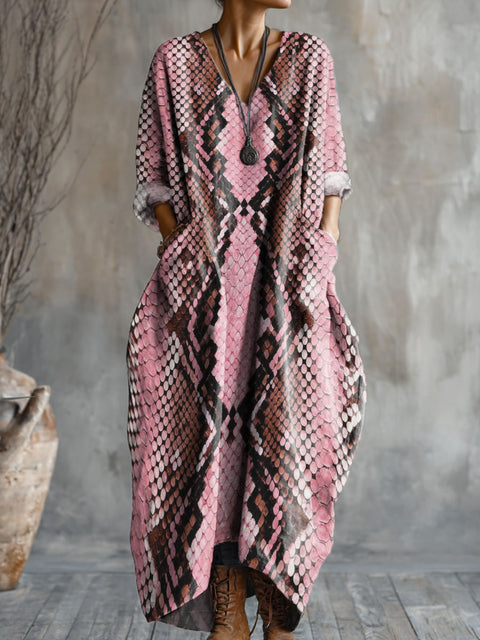 Women's Snake Art Pattern Print Pocket V-neck Cotton Dress