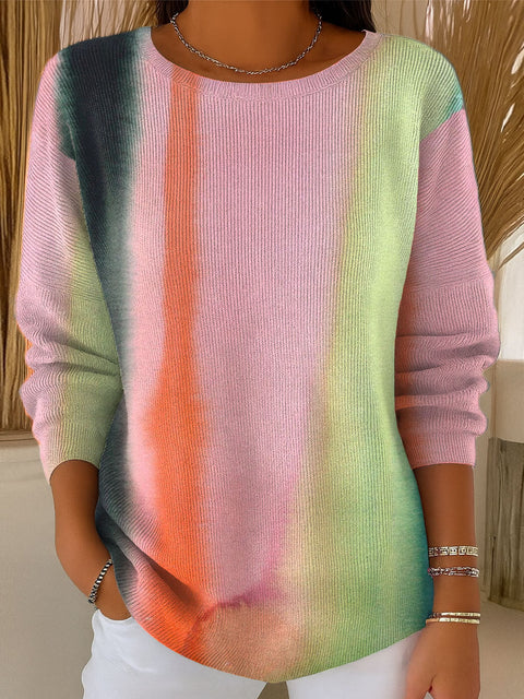 Women's Colorful Gradient Stripe Print Casual Pullover Sweater