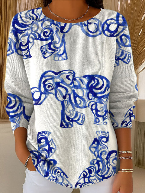 Women's Elephant Art Print Casual Pullover Sweater