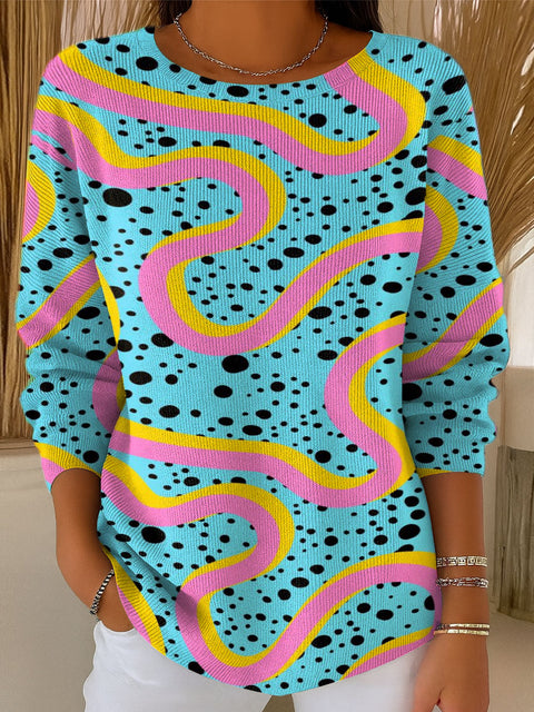 Women's Contrast Polka Dot Lines Art Print Casual Pullover Sweater